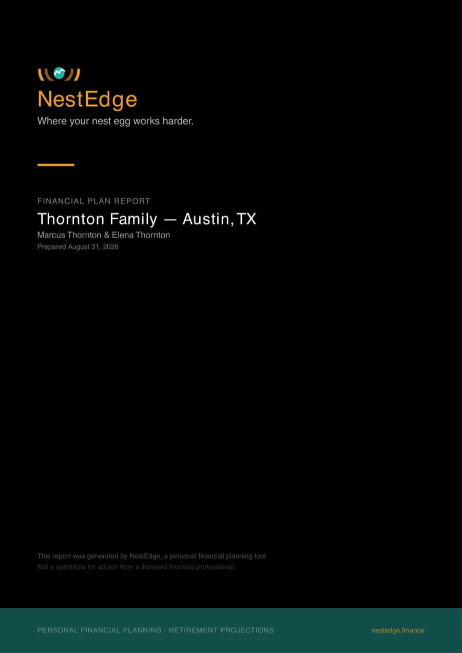 The exported PDF report for the Thornton Family plan, a 24-page document covering projections, tax analysis, optimizer results and the year-by-year action schedule
